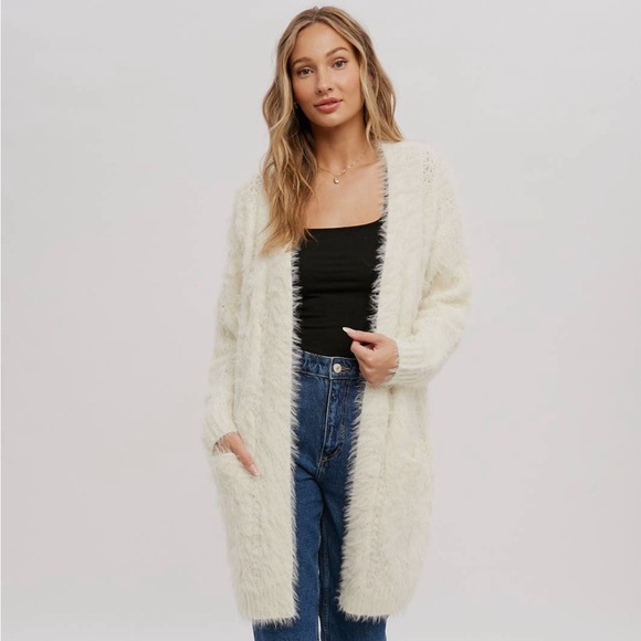 Cozy, fuzzy, white cable knit soft long sleeve open front cardigan sweater - Picture 11 of 11